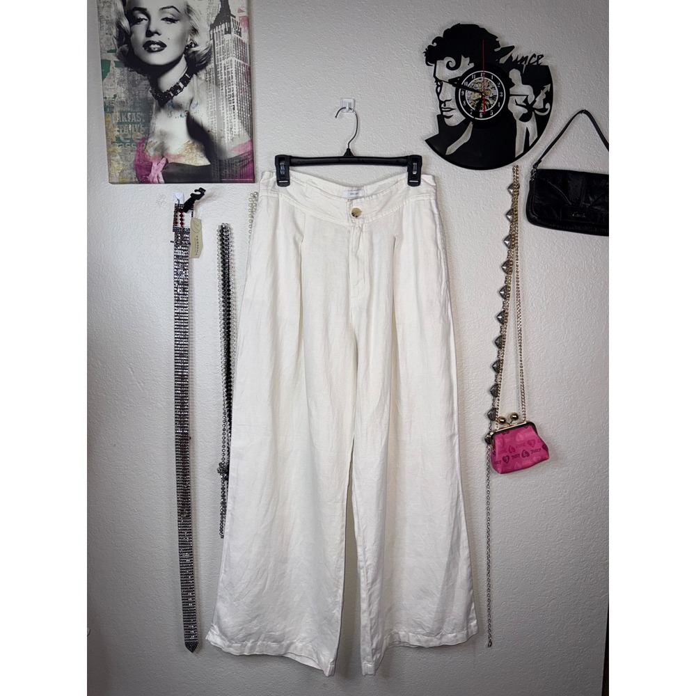 H Halston White 100% Linen Wide Leg Pants Womens 10 High Rise Pleated Trouser